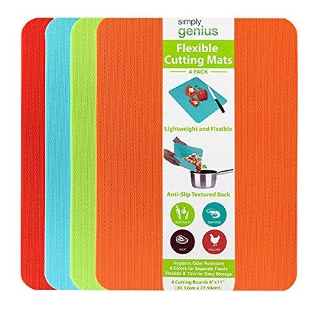 Simply Genius Plastic Cutting Boards - Flexible Color Coded Cutting Board Set - Textured Grip Odor-Resistant Dishwasher-Safe Chopping Mat - Pack of 4-8 in x 11 in - Multicolor